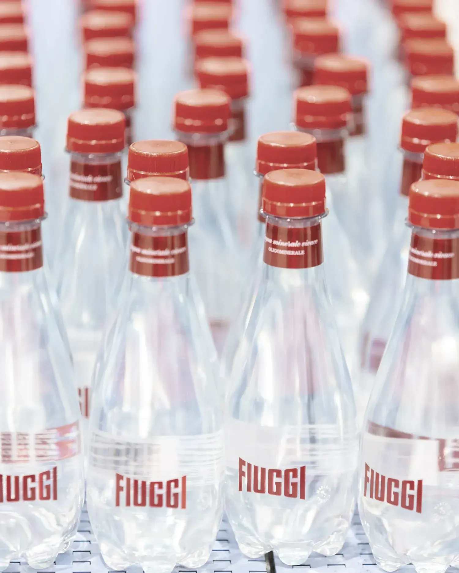 Acqua Fiuggi Premium bottles with red caps on a production line