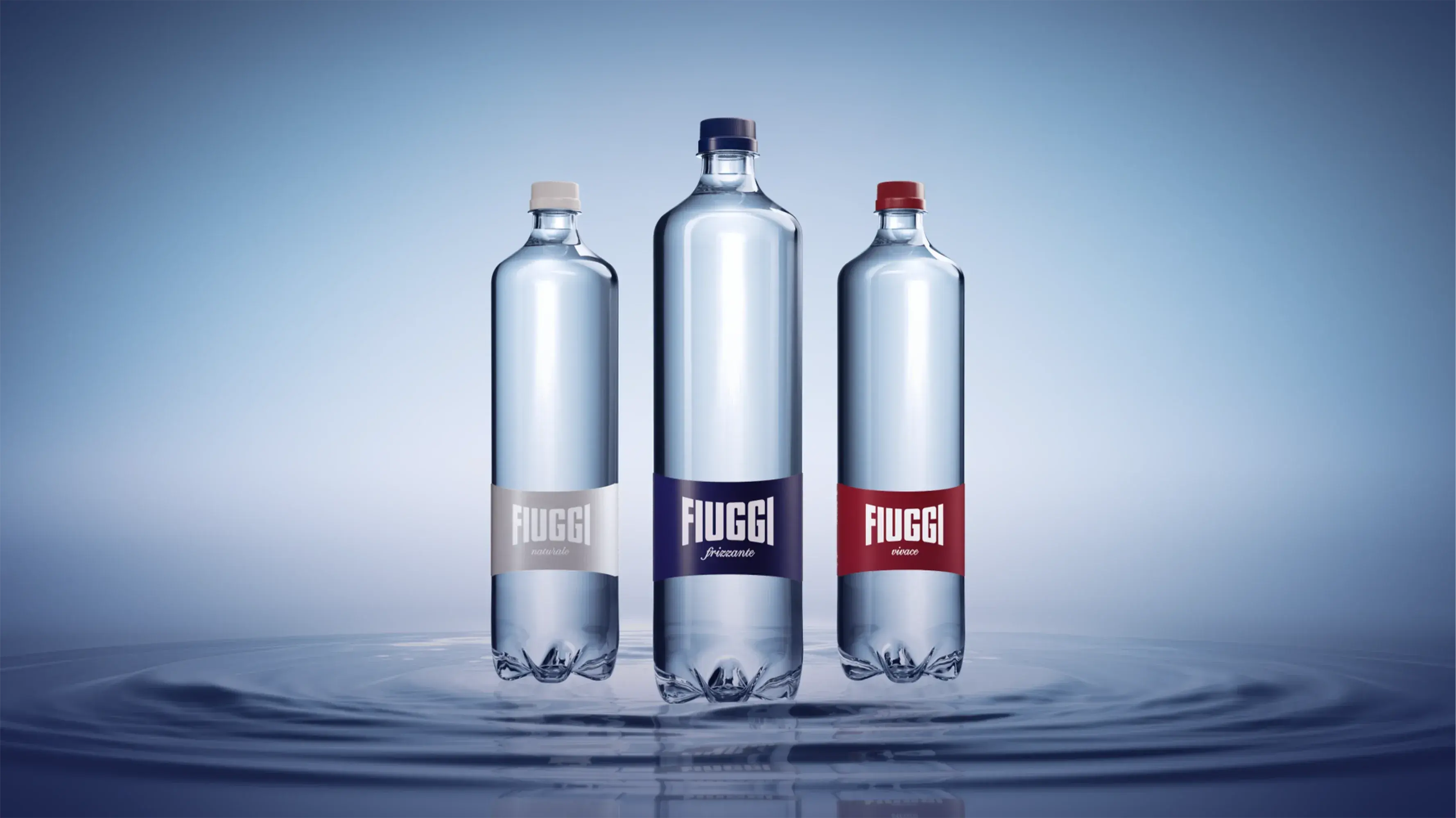 Acqua Fiuggi Everyday: still, sparkling and vivace bottles on a light blue background